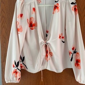 Aritzia Floral Tie Blouse - Cream with Coral Floral